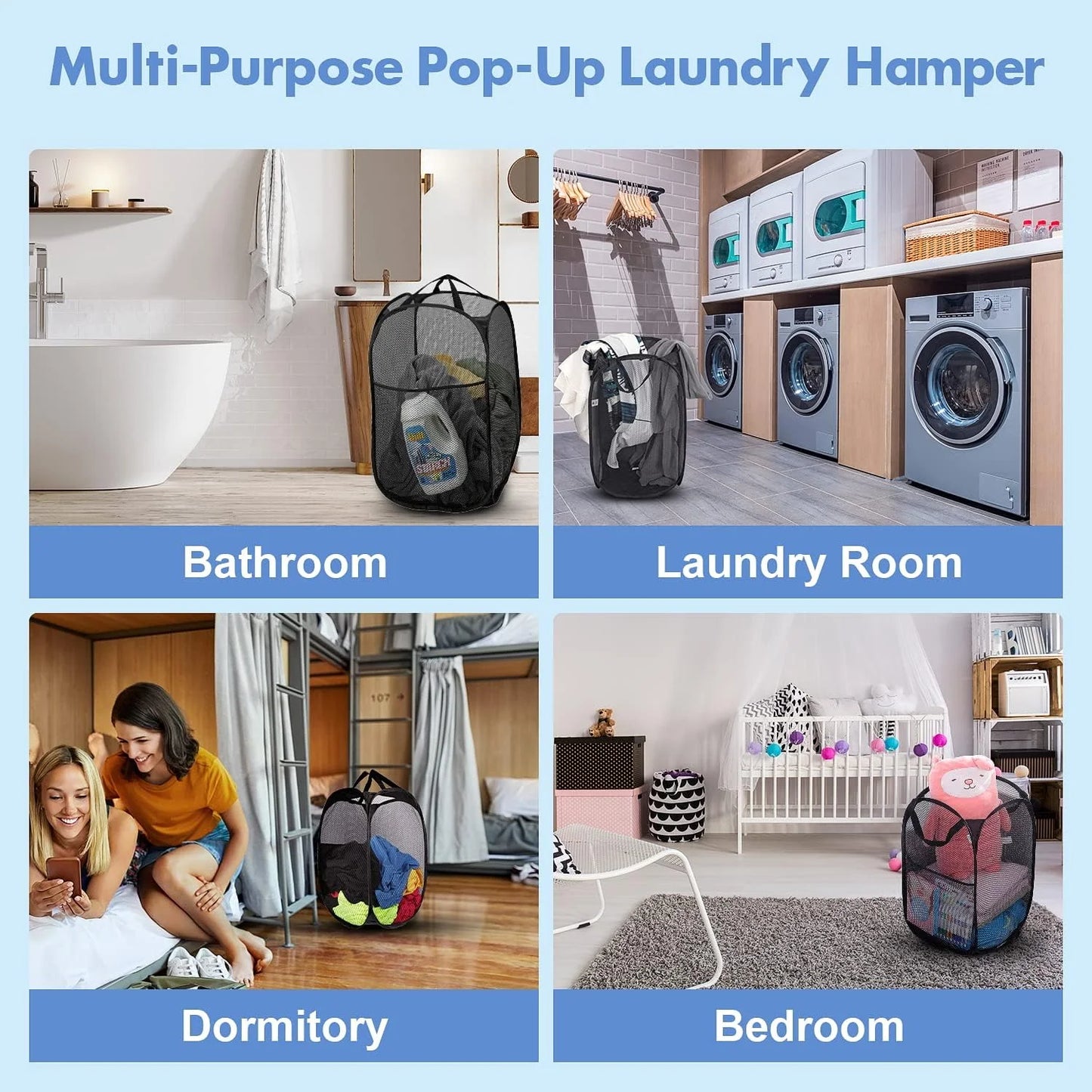 Pop up Hamper, 1 PCS Mesh Pop up Laundry Hamper, Foldable Mesh Laundry Basket with Space-Saving Design for Home, Dorm, Travel & Storage - Black