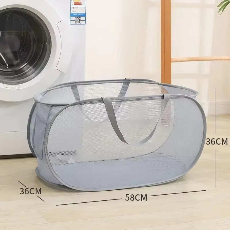Durable Collapsible Laundry Basket, Mesh Pop up Laundry Hamper with Side Pocket, Foldable Clothes Storage Hamper with Reinforced