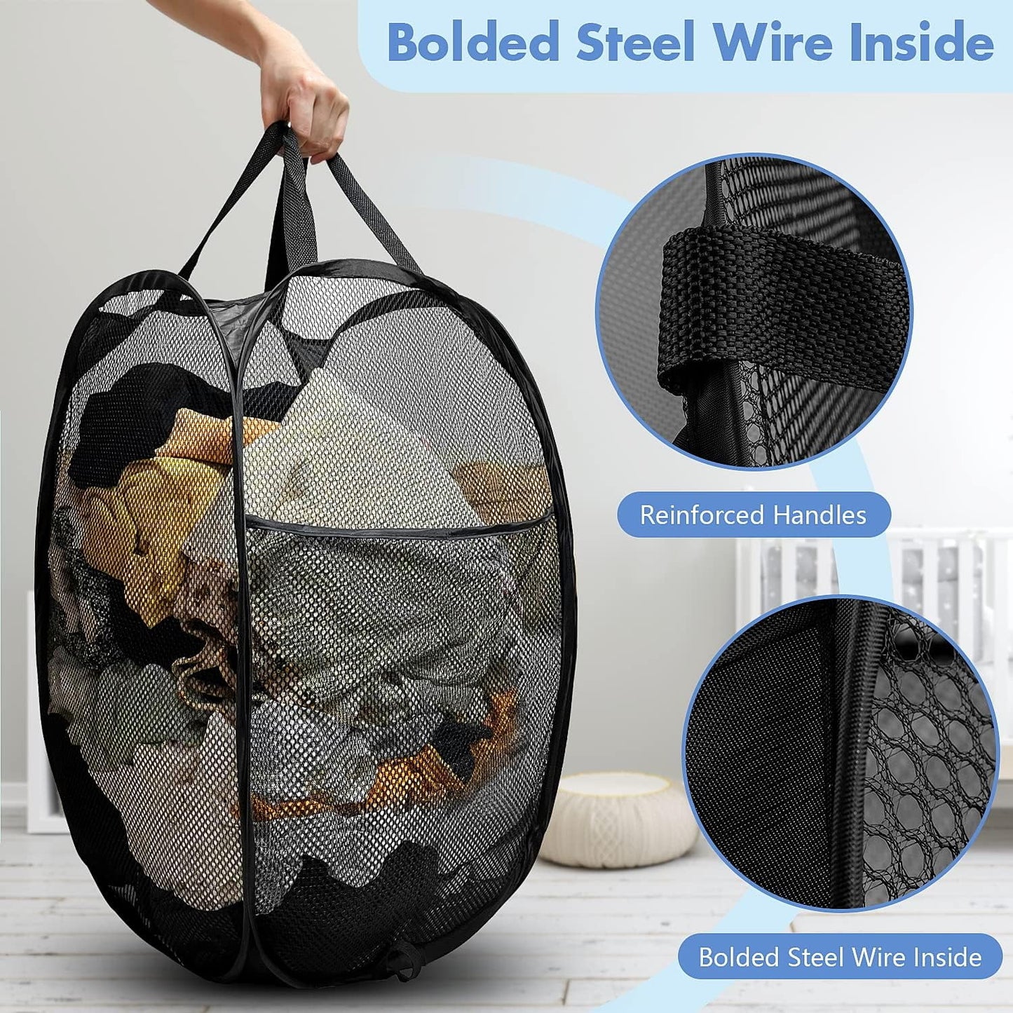 Pop up Hamper, 1 PCS Mesh Pop up Laundry Hamper, Foldable Mesh Laundry Basket with Space-Saving Design for Home, Dorm, Travel & Storage - Black