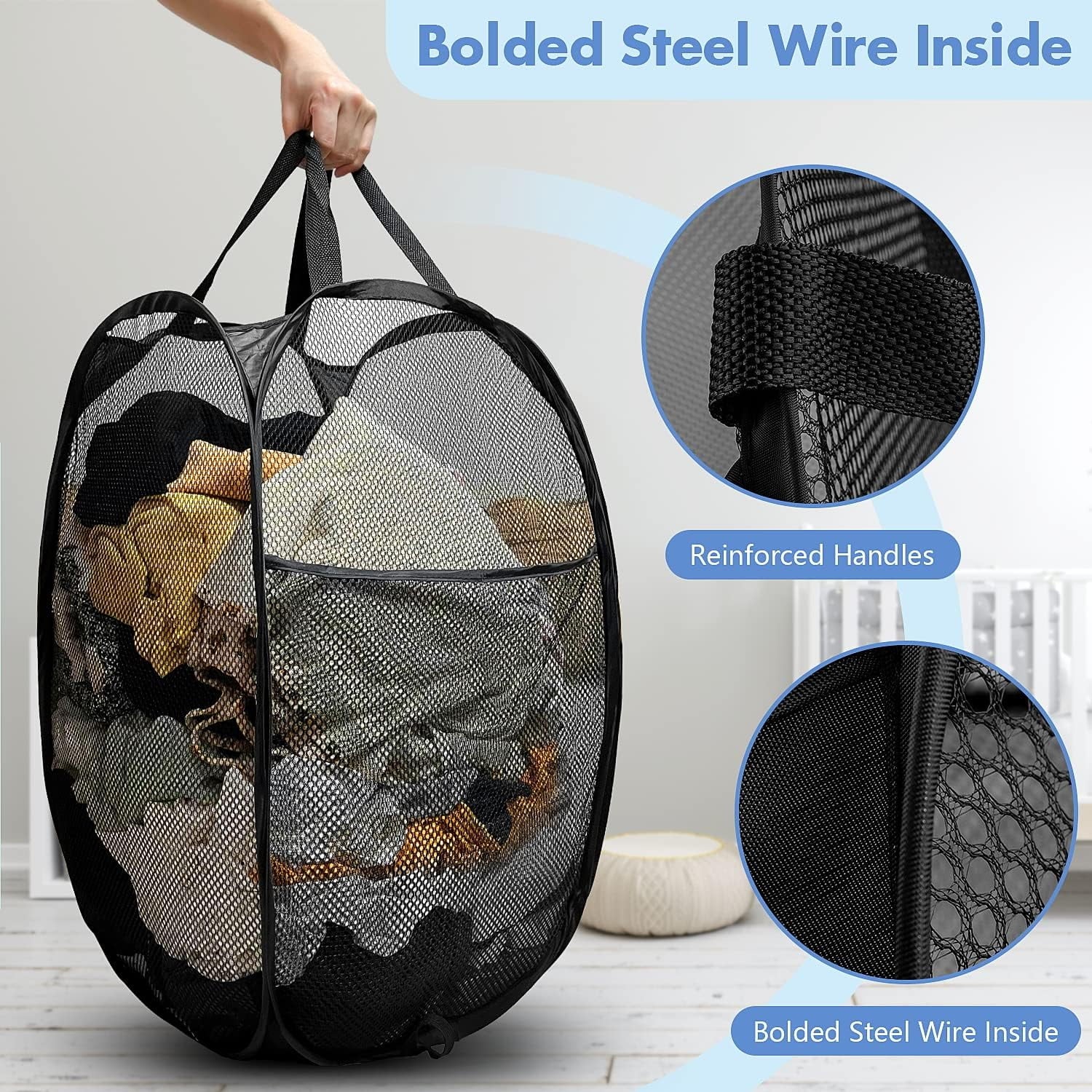 Pop up Hamper, 1 PCS Mesh Pop up Laundry Hamper, Foldable Mesh Laundry Basket with Space-Saving Design for Home, Dorm, Travel & Storage - Black