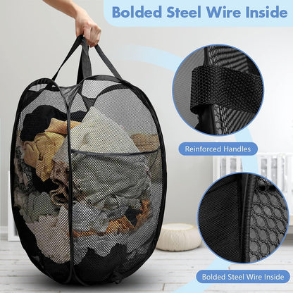 Pop up Hamper, 1 PCS Mesh Pop up Laundry Hamper, Foldable Mesh Laundry Basket with Space-Saving Design for Home, Dorm, Travel & Storage - Black