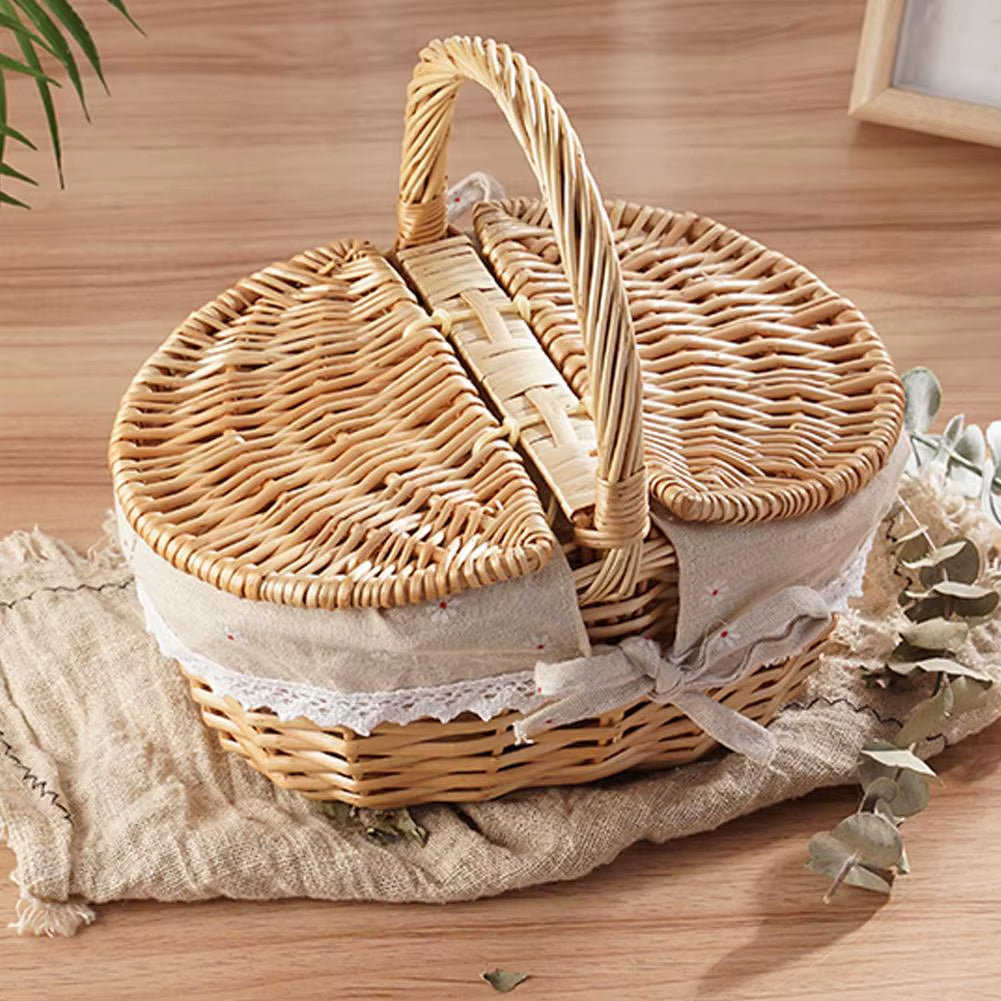 Handmade Wicker Picnic Basket with Handle Picnic Hamper Multi-Purpose Willow Woven Storage Box Outdoor Camping Fruit Basket