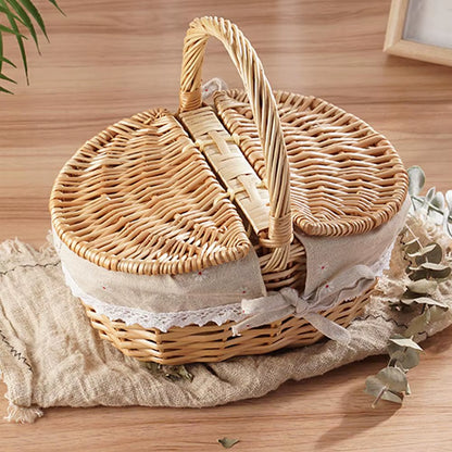 Handmade Wicker Picnic Basket with Handle Picnic Hamper Multi-Purpose Willow Woven Storage Box Outdoor Camping Fruit Basket