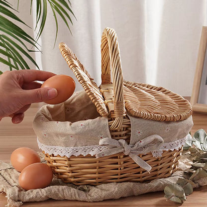 Handmade Wicker Picnic Basket with Handle Picnic Hamper Multi-Purpose Willow Woven Storage Box Outdoor Camping Fruit Basket
