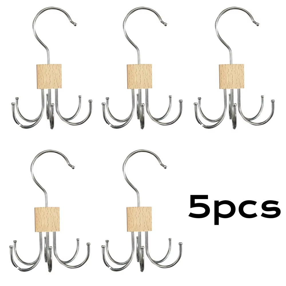 1/5Pcs 360° Rotating Storage Hanger Hook Multi-Claw Bag Metal Belts Rack Wooden Organizer for Bras Ties Household Closet Acces
