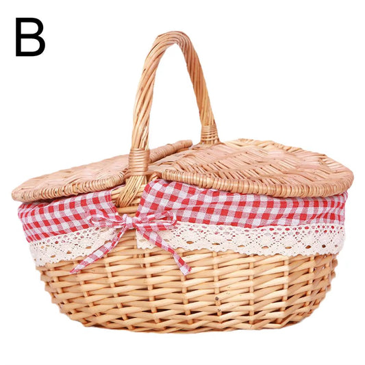 Handmade Wicker Picnic Basket with Handle Picnic Hamper Multi-Purpose Willow Woven Storage Box Outdoor Camping Fruit Basket