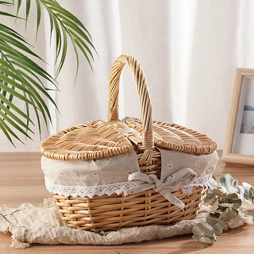 Handmade Wicker Picnic Basket with Handle Picnic Hamper Multi-Purpose Willow Woven Storage Box Outdoor Camping Fruit Basket