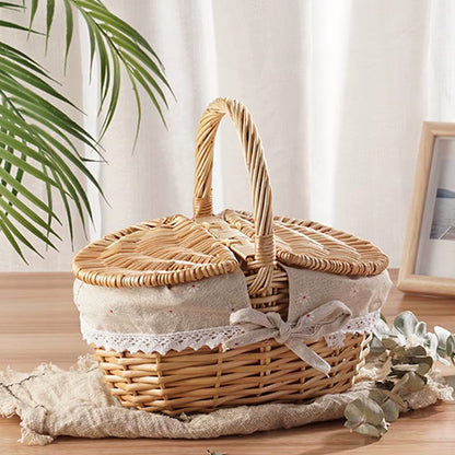 Handmade Wicker Picnic Basket with Handle Picnic Hamper Multi-Purpose Willow Woven Storage Box Outdoor Camping Fruit Basket