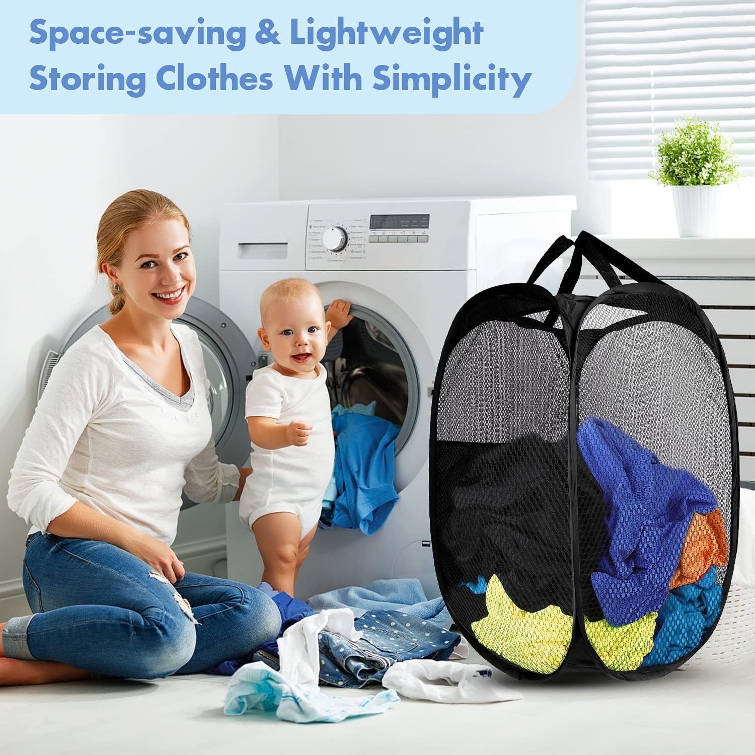 Pop up Hamper, 1 PCS Mesh Pop up Laundry Hamper, Foldable Mesh Laundry Basket with Space-Saving Design for Home, Dorm, Travel & Storage - Black