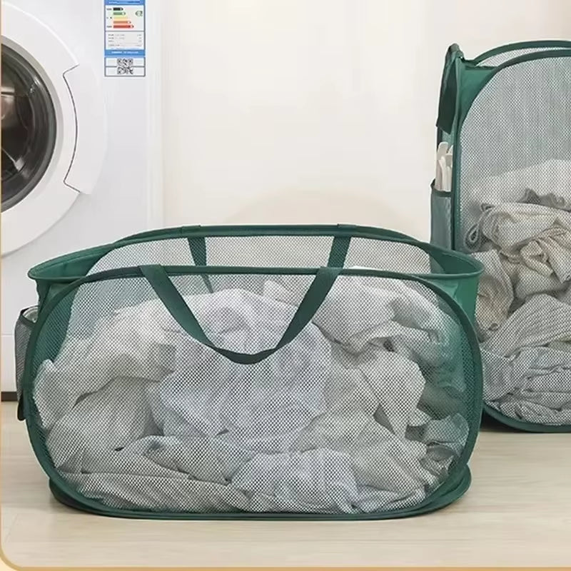 Durable Collapsible Laundry Basket, Mesh Pop up Laundry Hamper with Side Pocket, Foldable Clothes Storage Hamper with Reinforced