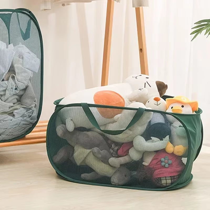 Durable Collapsible Laundry Basket, Mesh Pop up Laundry Hamper with Side Pocket, Foldable Clothes Storage Hamper with Reinforced