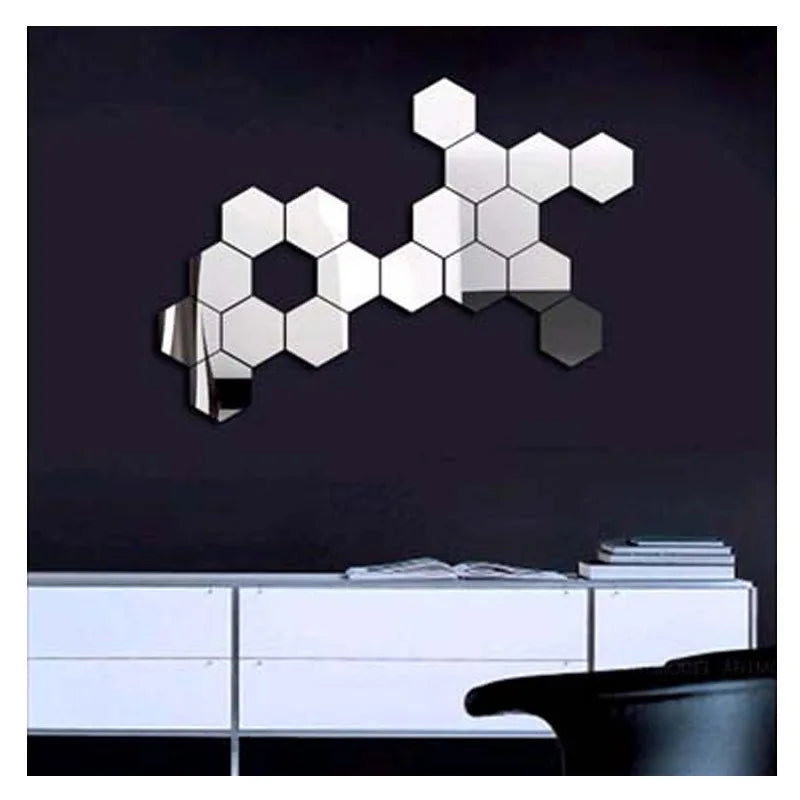12Pcs/Lot Geometric Solid Hexagonal Mirror Wall Stickers DIY with Built-In Adhesive and Removable Home Decoration
