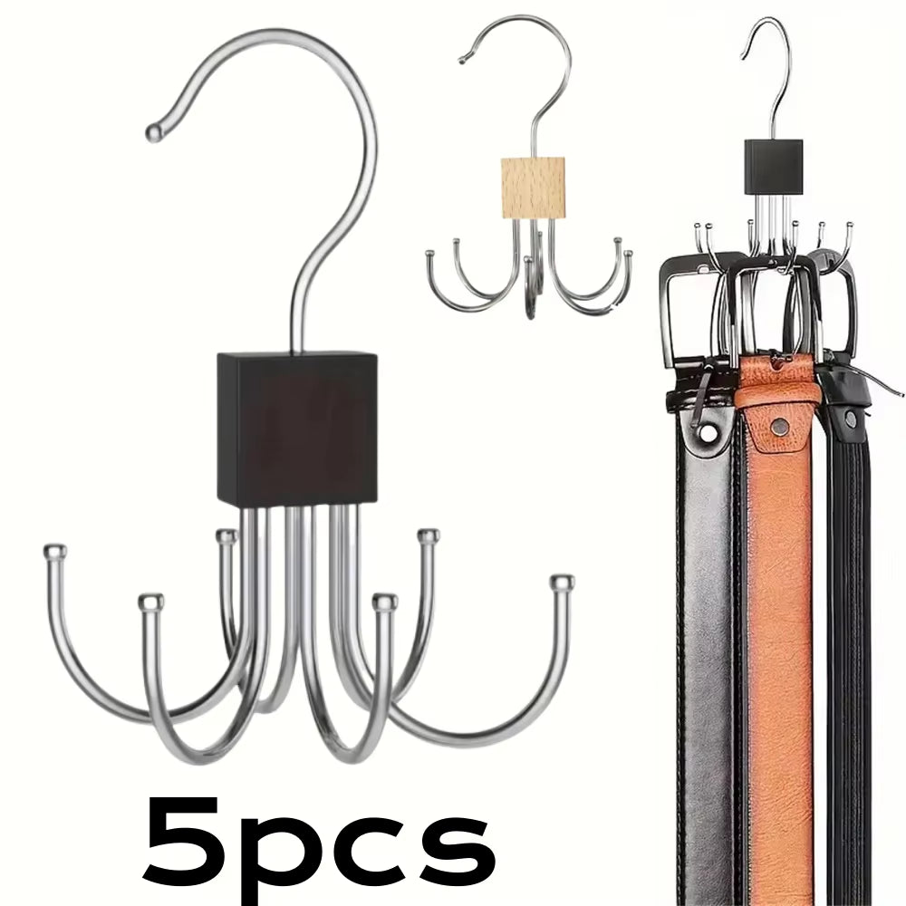 1/5Pcs 360° Rotating Storage Hanger Hook Multi-Claw Bag Metal Belts Rack Wooden Organizer for Bras Ties Household Closet Acces