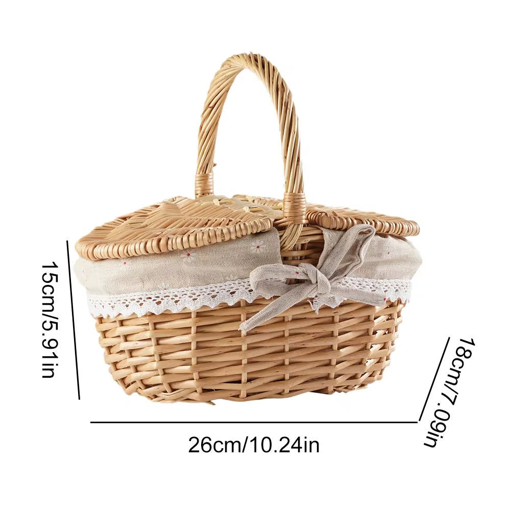 Handmade Wicker Picnic Basket with Handle Picnic Hamper Multi-Purpose Willow Woven Storage Box Outdoor Camping Fruit Basket
