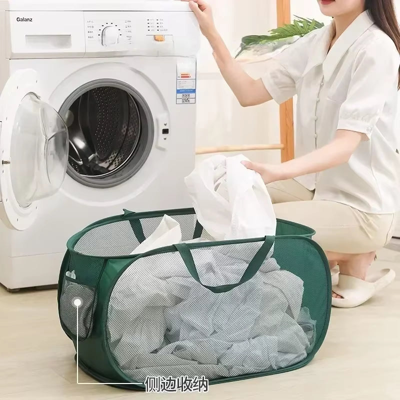 Durable Collapsible Laundry Basket, Mesh Pop up Laundry Hamper with Side Pocket, Foldable Clothes Storage Hamper with Reinforced