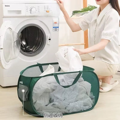 Durable Collapsible Laundry Basket, Mesh Pop up Laundry Hamper with Side Pocket, Foldable Clothes Storage Hamper with Reinforced