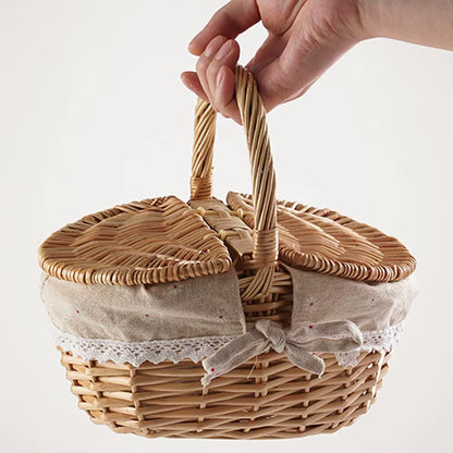 Handmade Wicker Picnic Basket with Handle Picnic Hamper Multi-Purpose Willow Woven Storage Box Outdoor Camping Fruit Basket