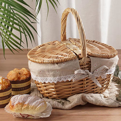 Handmade Wicker Picnic Basket with Handle Picnic Hamper Multi-Purpose Willow Woven Storage Box Outdoor Camping Fruit Basket
