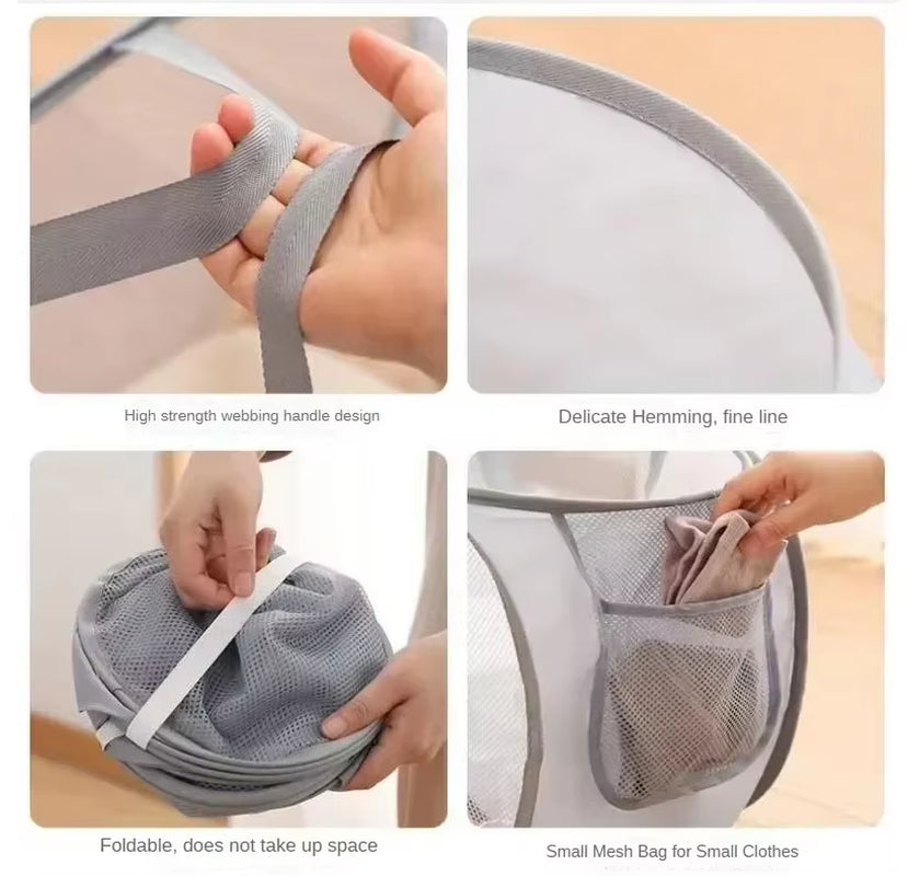 Durable Collapsible Laundry Basket, Mesh Pop up Laundry Hamper with Side Pocket, Foldable Clothes Storage Hamper with Reinforced
